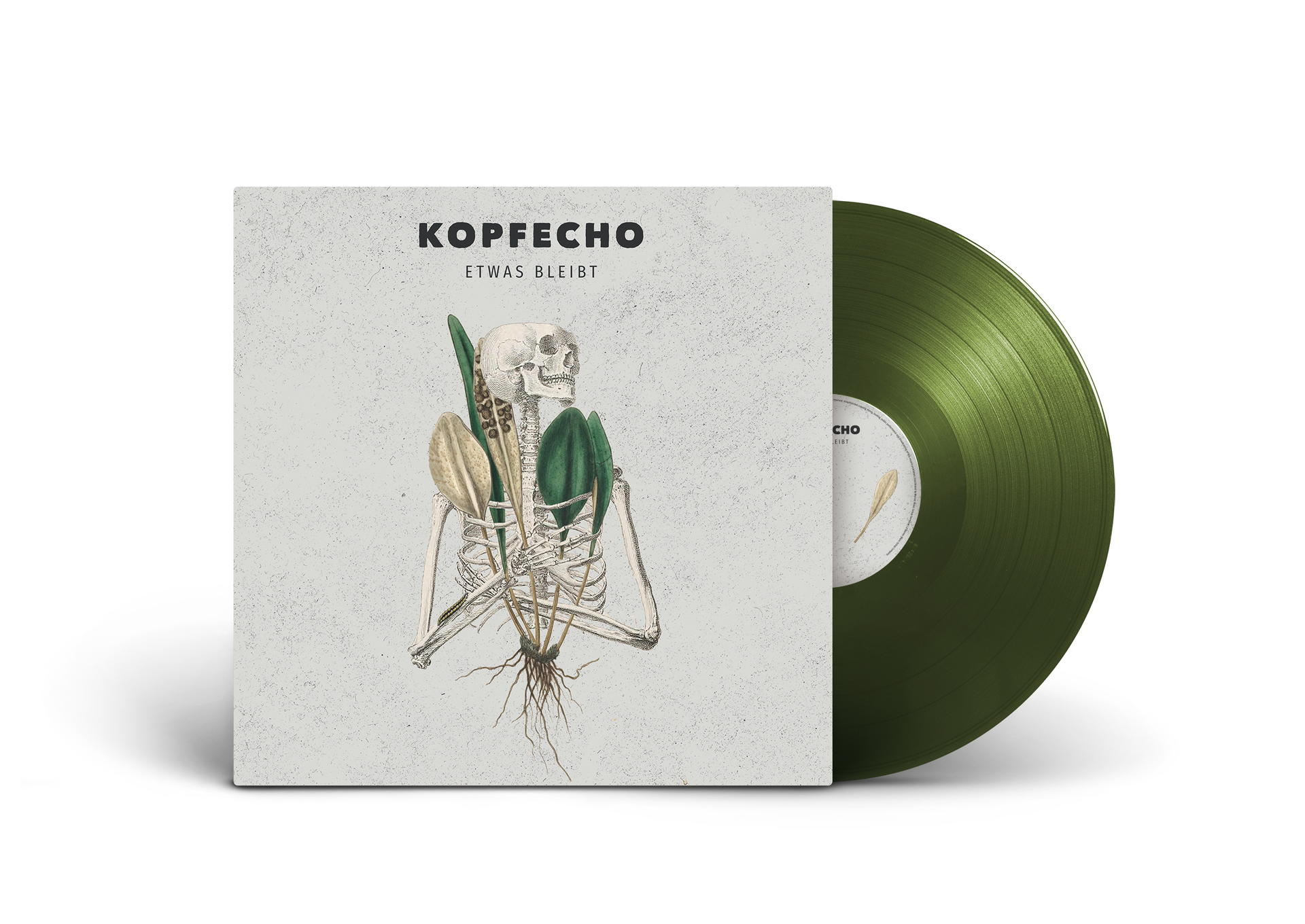 Albumcover mit einer Totenkopf-Illustration und einer grünen Vinyl-Schallplatte rechts.