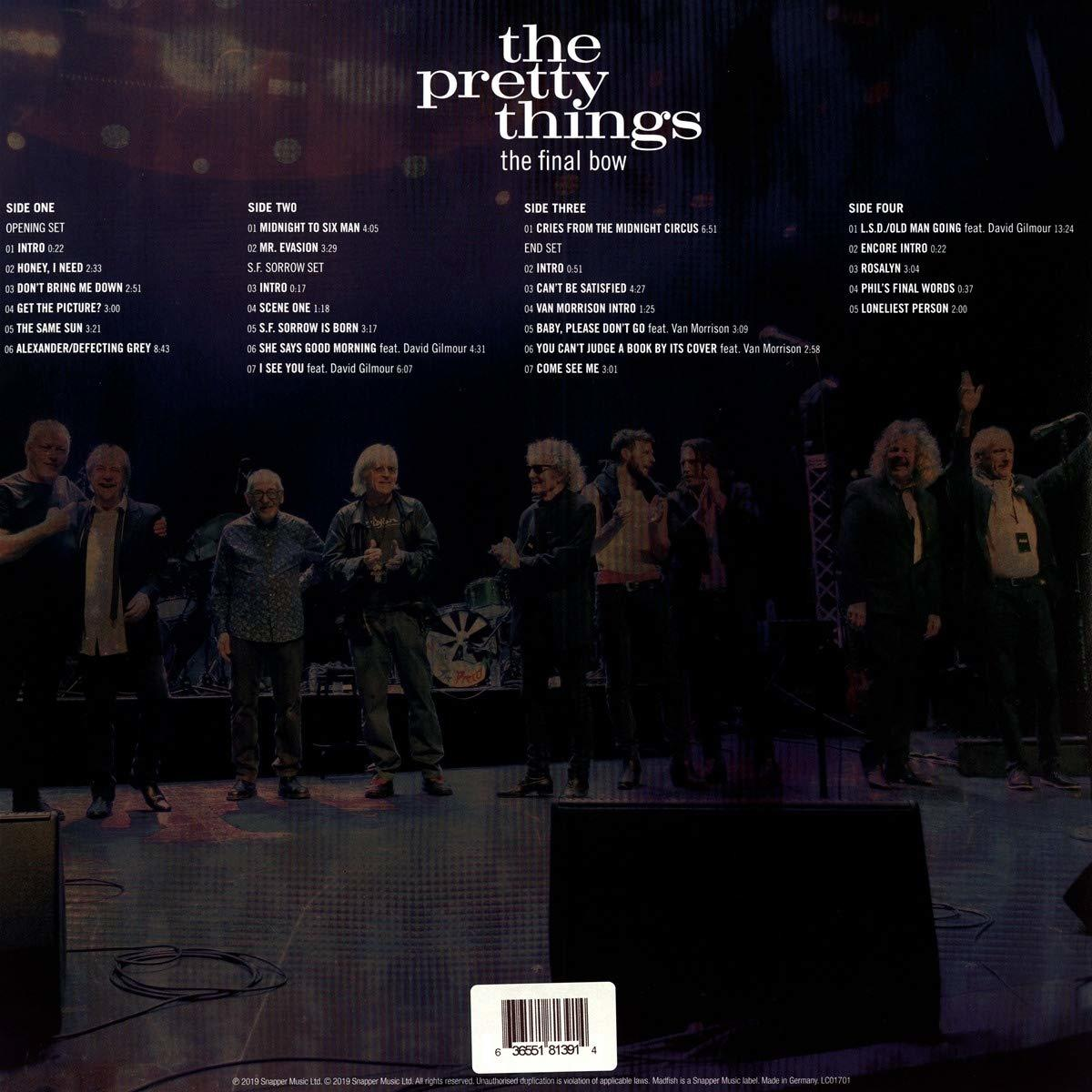 Das Albumcover von The Pretty Things, mit Bandmitgliedern auf der Bühne. Tracklist links und rechts gelistet.