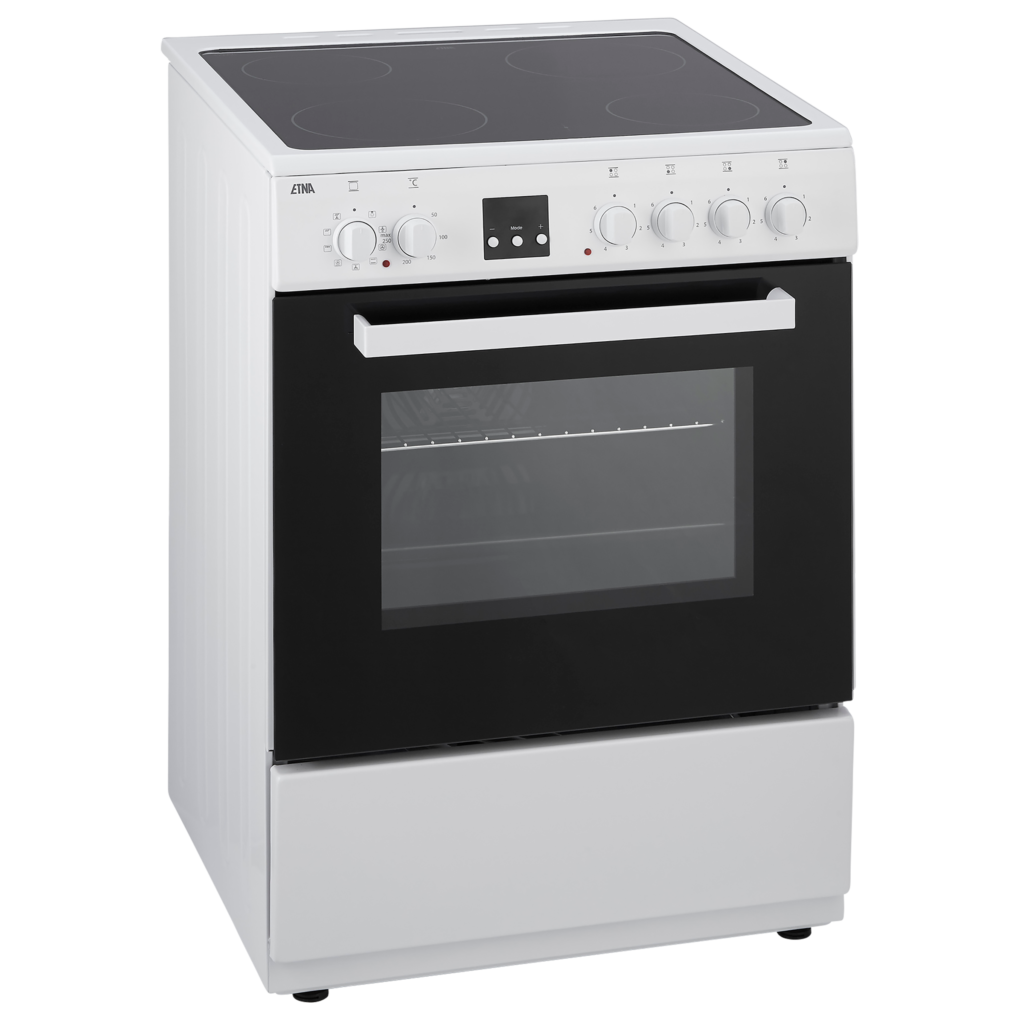 Une cuisinière électrique blanche avec une porte de four noire et un panneau de commande.