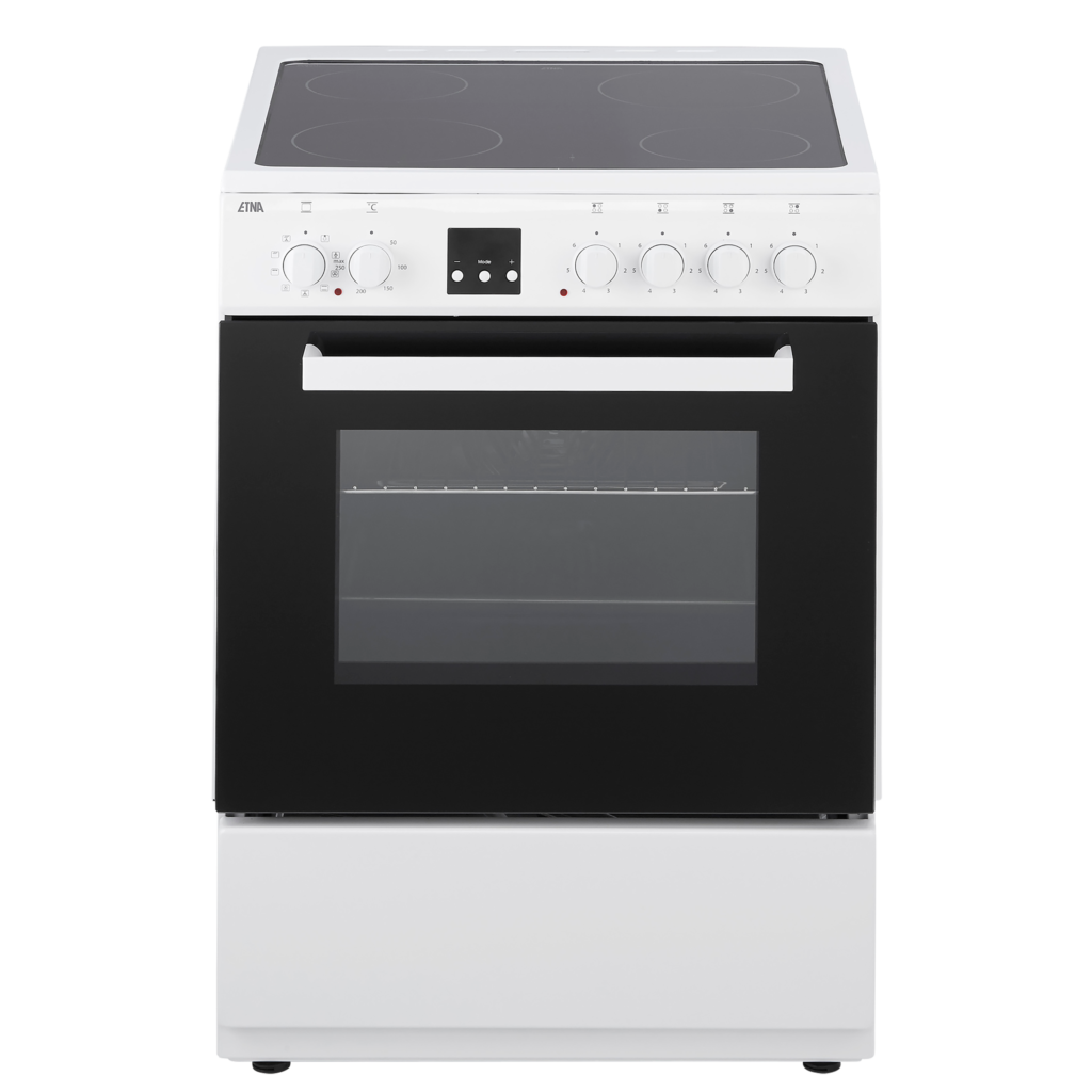 Une cuisinière électrique blanche et noire. Le dessus a quatre brûleurs. Le four a une porte vitrée.