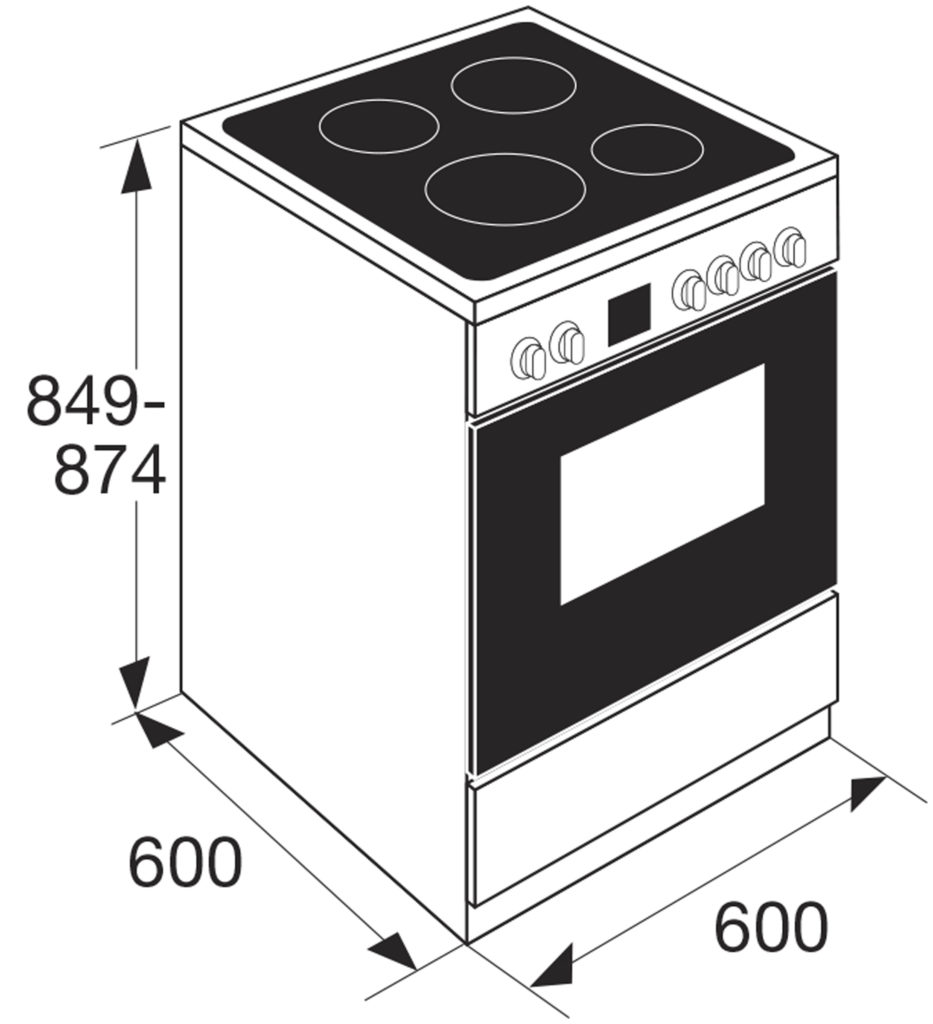 Vue isométrique d'une cuisinière électrique blanche et noire, montrant les dimensions.