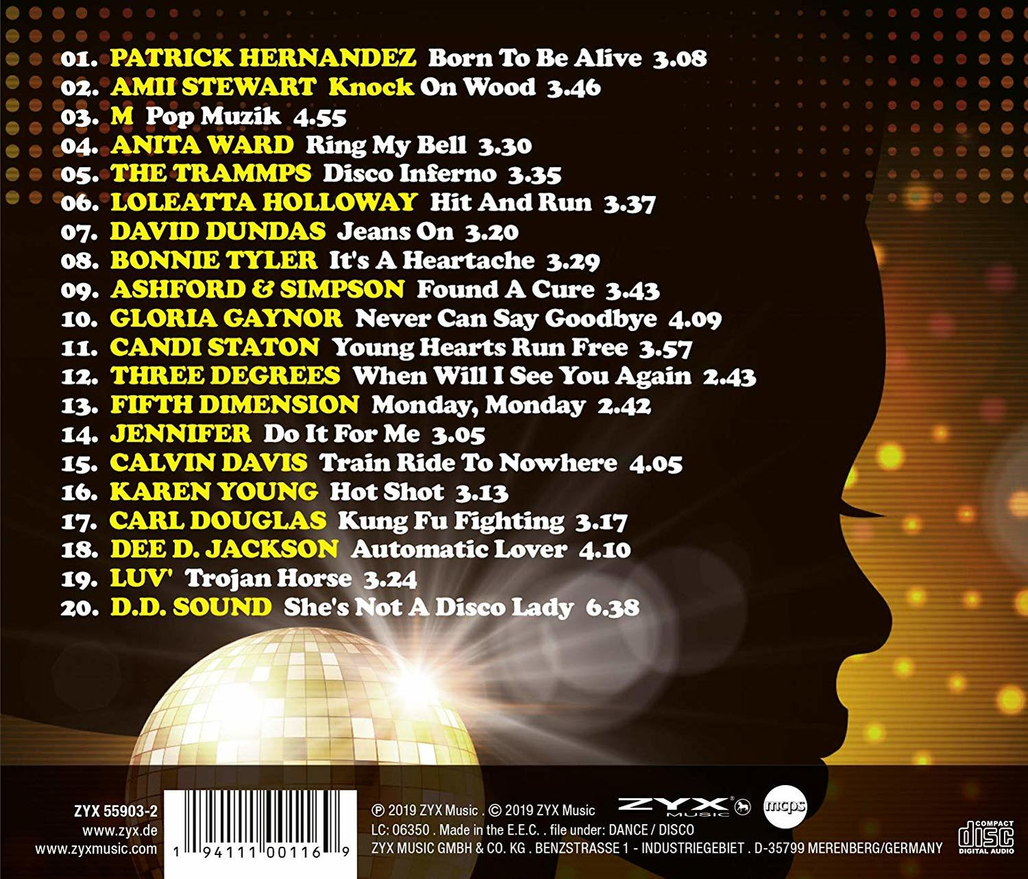 Albumcover mit Titelliste verschiedener Künstler. Titel oben, goldene Discokugel unten links und eine Silhouette.
