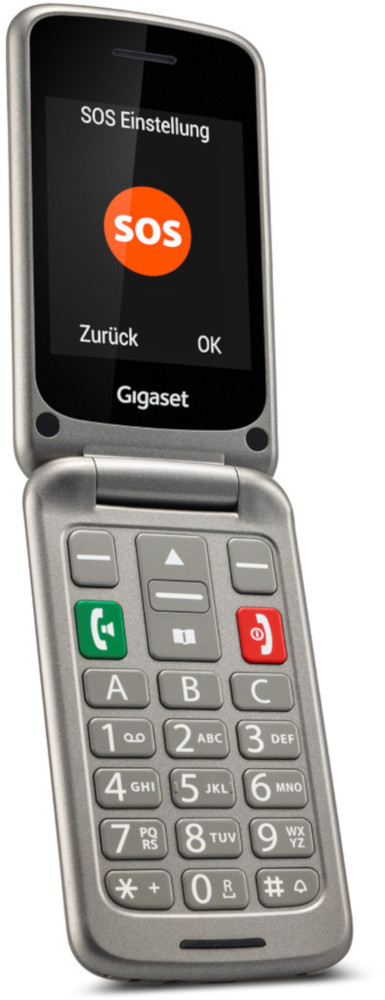 Un téléphone argenté affiche un réglage SOS. L'écran affiche une icône SOS orange. Le clavier a de gros boutons.