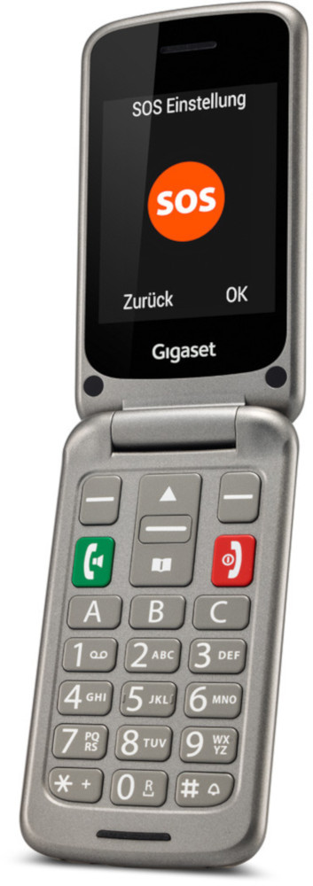 Un téléphone à clapet argenté avec un écran ouvert affichant 'SOS Einstellung' et une icône SOS orange. Il a de gros boutons.