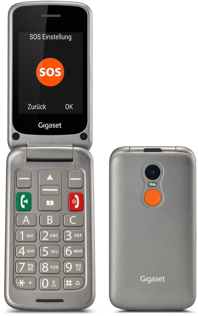 Un téléphone à clapet argenté avec un grand bouton SOS à l'écran et à l'arrière. Le téléphone est ouvert, montrant le clavier.
