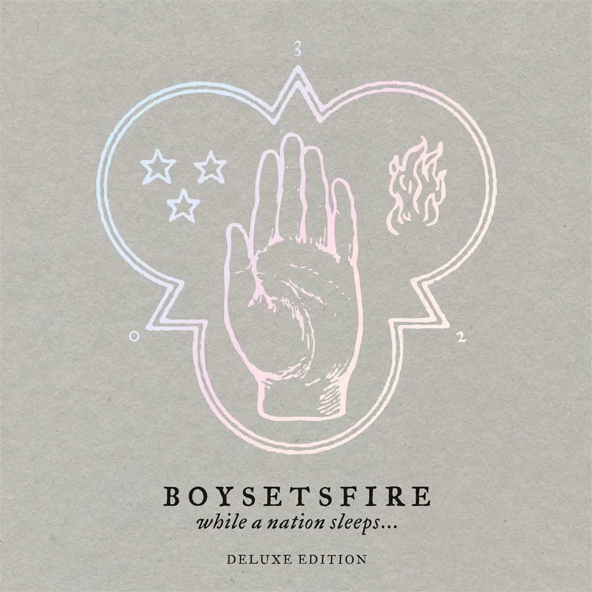 Albumcover mit Handsymbol und Stern, Flammen und Sternen in einem Kreis, Text.