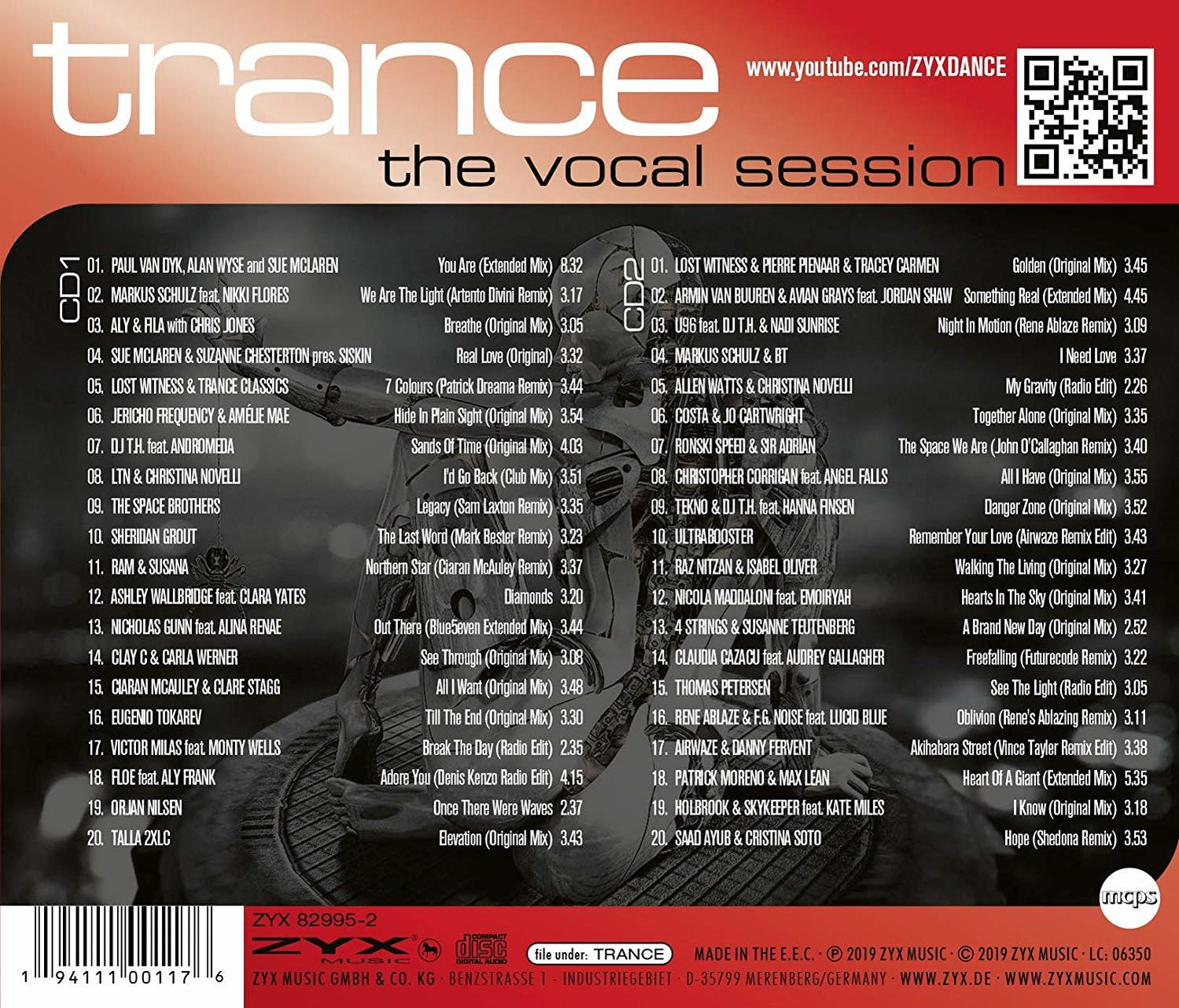 CD-Cover für 'Trance The Vocal Session' mit einer Liste der Tracks und Künstler. Rot und weiß.