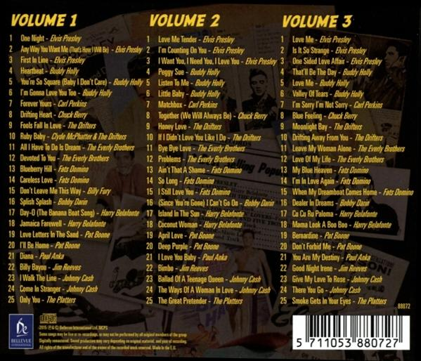 Rückseite einer CD-Box mit Titellisten für drei Bände von Elvis Presley-Songs.