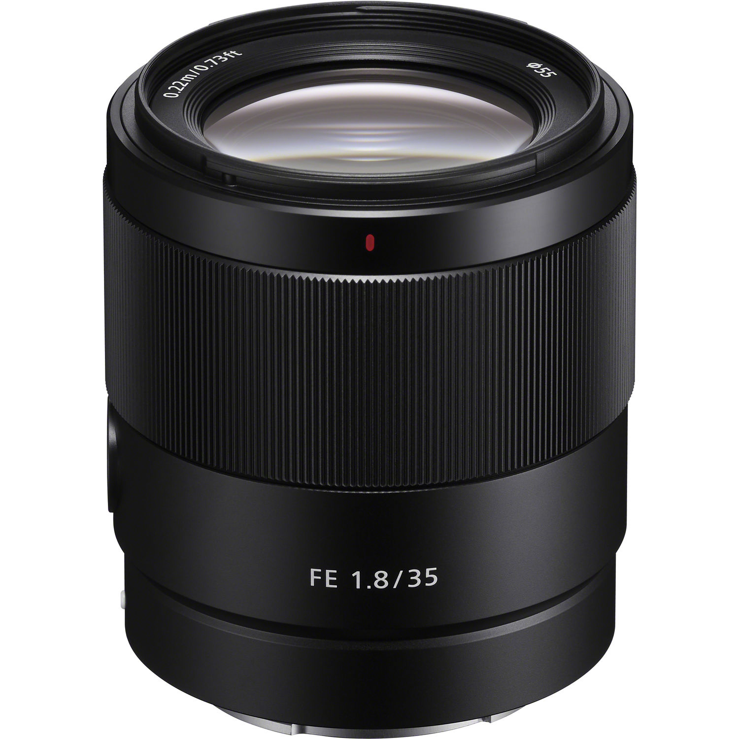 Lente de cámara negra con punto rojo, modelo FE 1.8/35, y diámetro 55.