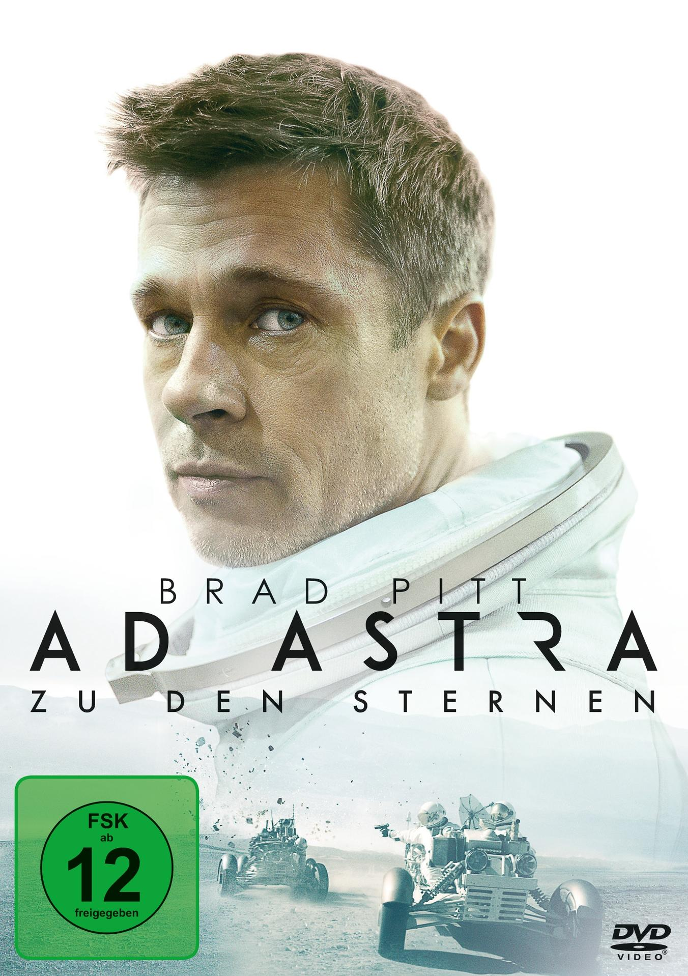 DVD-Cover: Brad Pitts Gesicht, Titel 'Ad Astra' und Weltraumrover auf Planetenoberfläche.