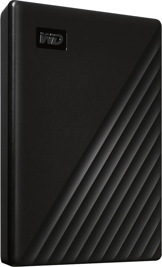Zwarte, getextureerde WD My Passport externe harde schijf, schuine weergave.