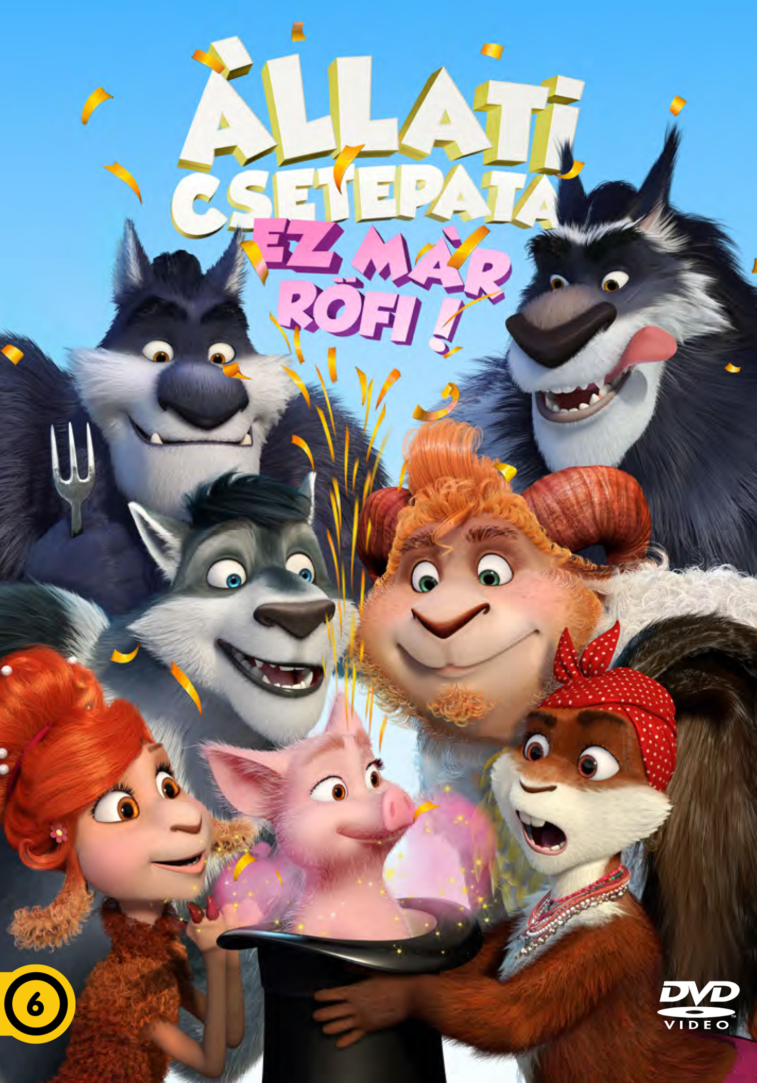 Animációs film borítója, rajzolt farkasokkal, egy malaccal és más rajzolt karakterekkel.