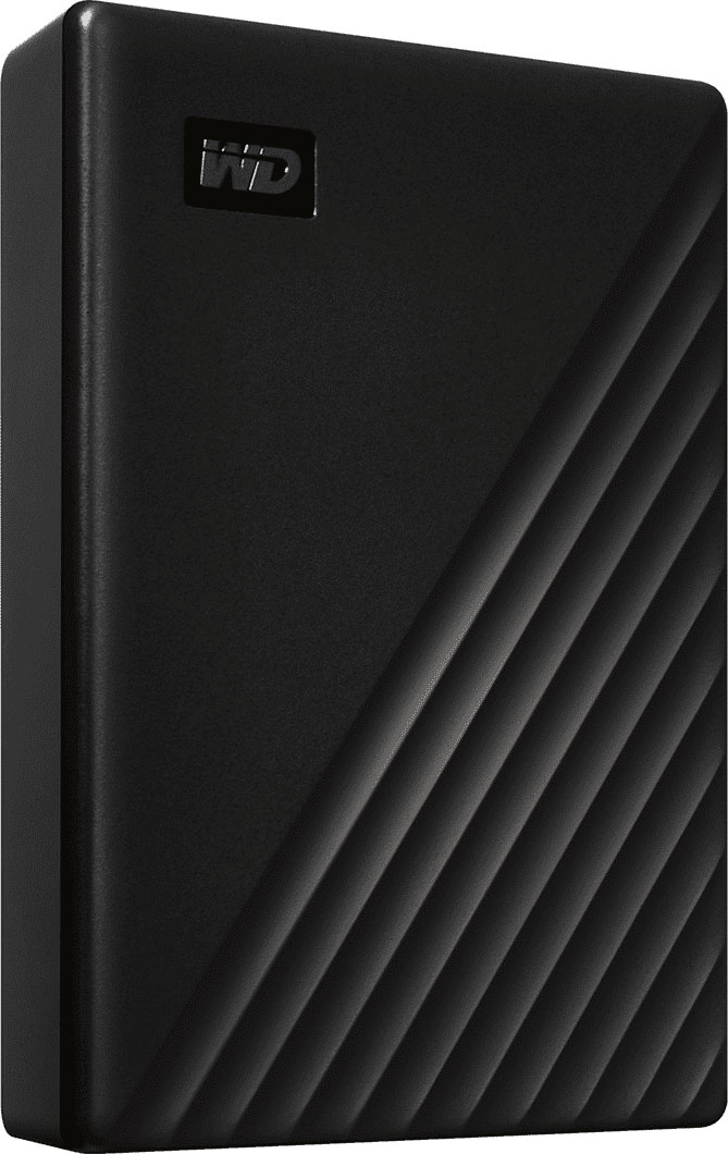 Disque dur externe WD My Passport noir texturé, vue latérale.