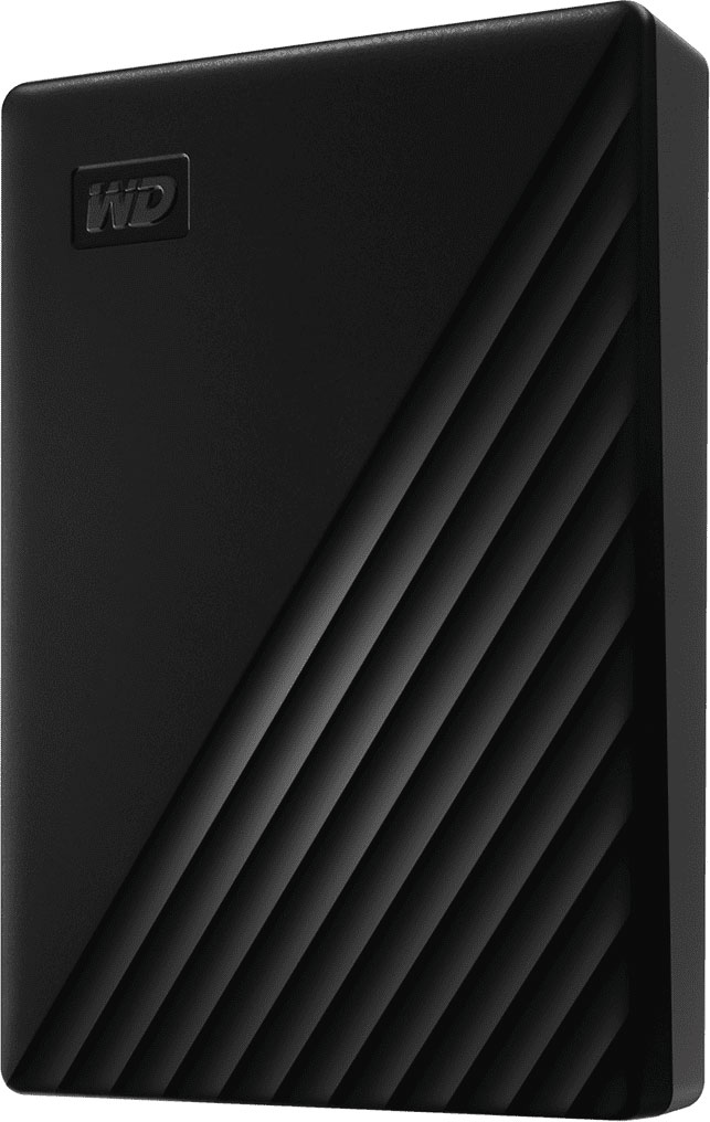 Disque dur externe noir. Lignes obliques sur la surface. Le logo WD est visible.