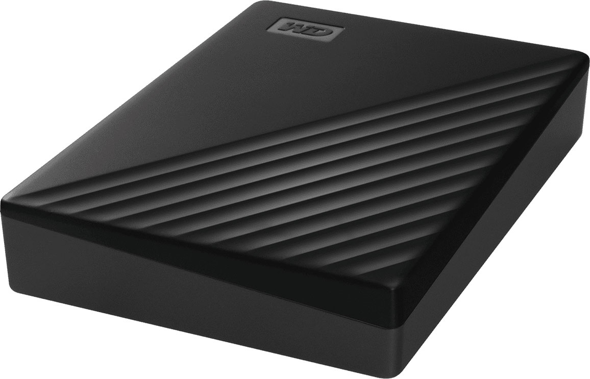 Disque dur externe WD My Passport noir texturé, vue de dessus.