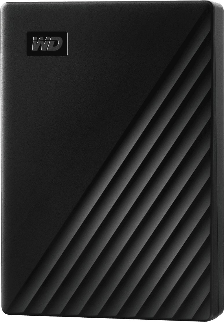 Disque dur externe WD noir. Forme rectangulaire avec lignes diagonales texturées.