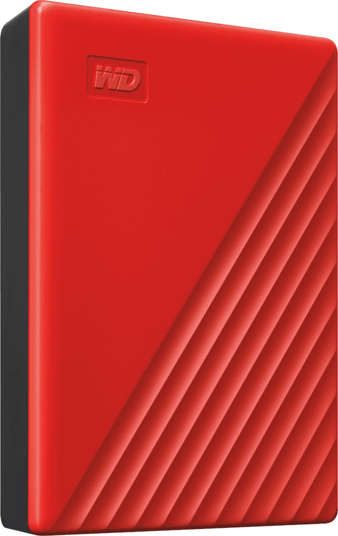 Disque dur externe rouge avec un côté noir. Lignes diagonales sur le devant.
