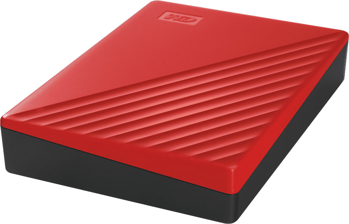 Disque dur rouge et noir avec des crêtes diagonales.