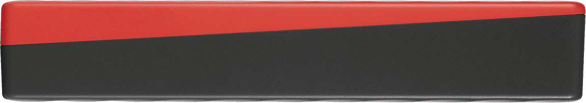 Un objet rectangulaire avec une séparation diagonale de rouge sur noir, probablement une partie d'un appareil ou d'un accessoire.