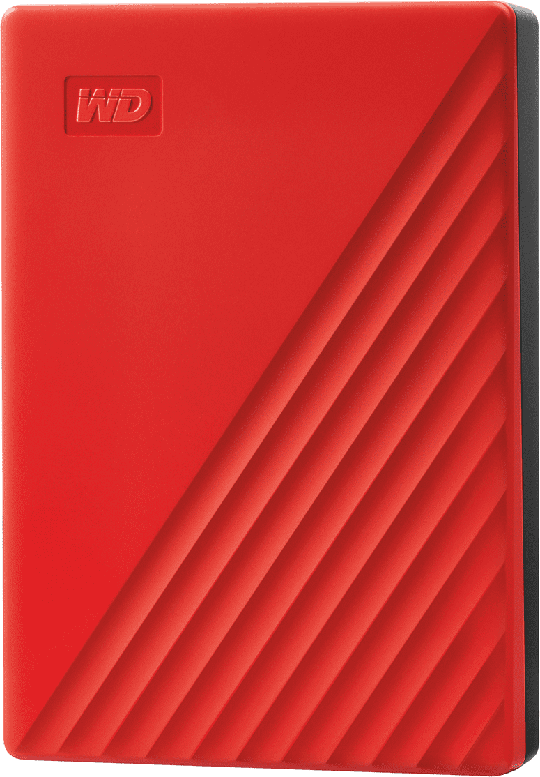 Un disque dur portable rouge avec des lignes diagonales. Le logo WD est dans le coin supérieur gauche.
