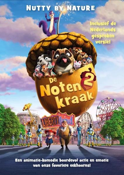Affiche de film d'animation. Un carlin dans un gland, d'autres animaux et une scène de carnaval. Texte néerlandais.
