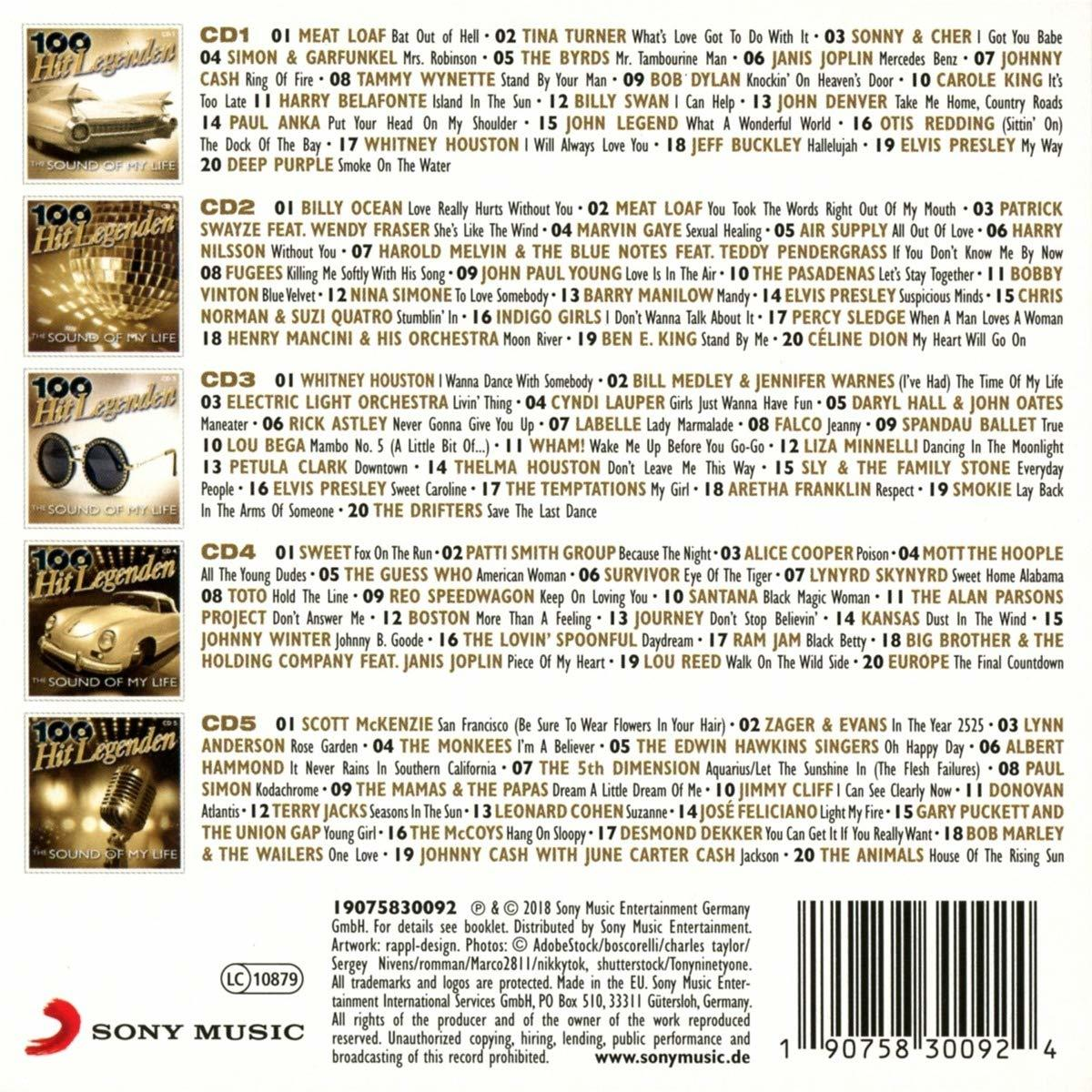 CD-Hülle mit einer Liste von Liedern mit dem Titel '100 Hit Legender' und dem Sony Music Logo.