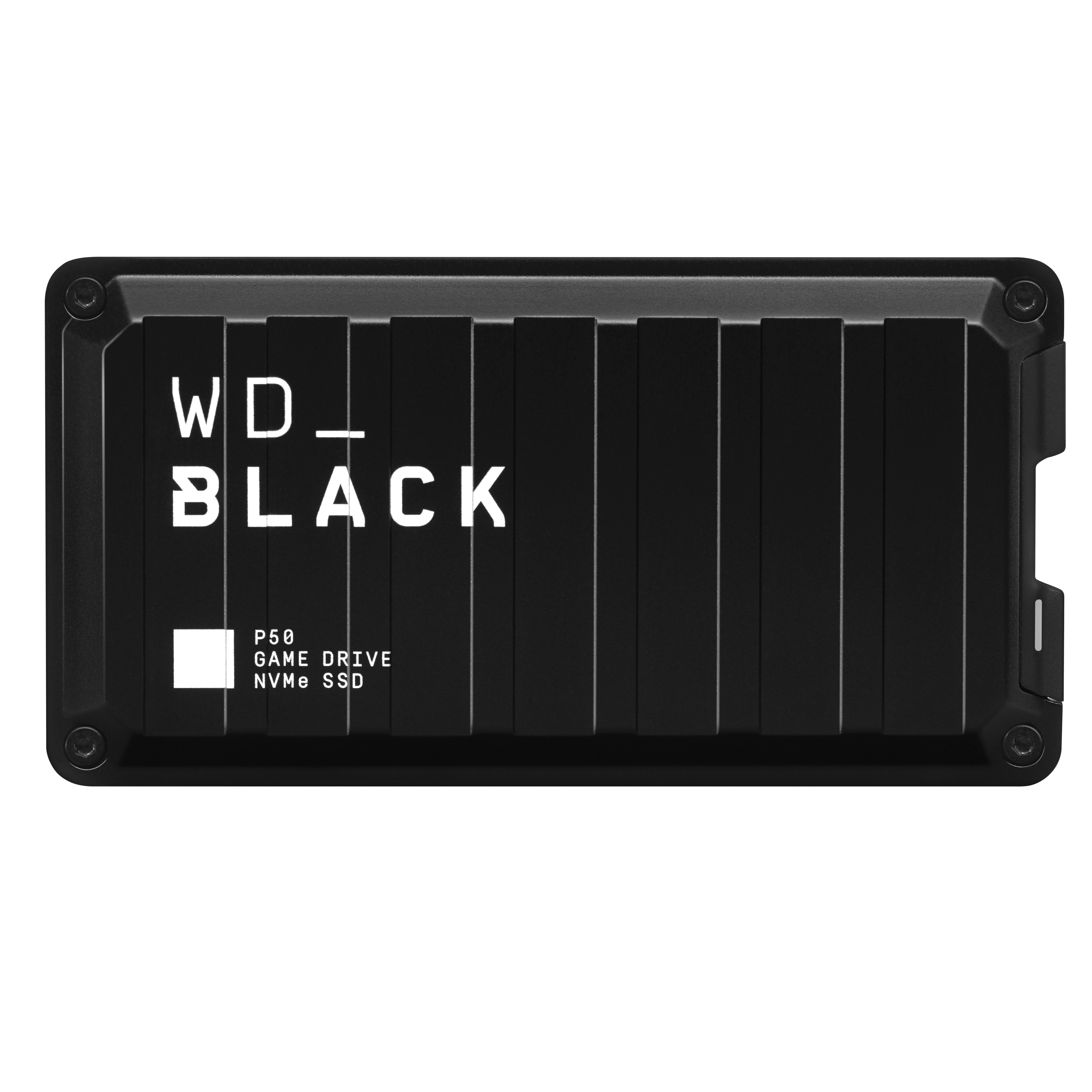 Schwarze WD_BLACK P50 Game Drive. Weißer Text auf Schwarz, mit SSD und WD_BLACK Logo.