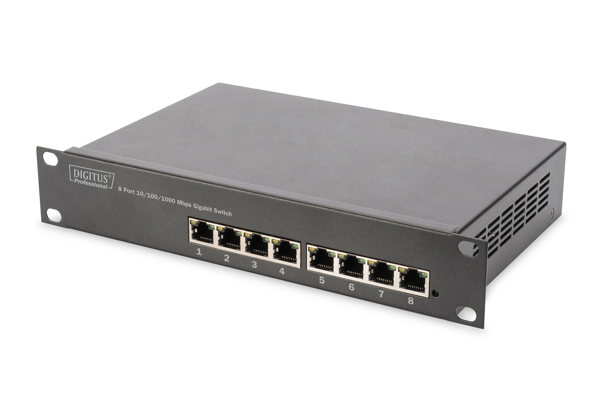 Schwarzer Netzwerk-Switch mit acht nummerierten Ports. Graues Gehäuse, weißer Hintergrund.
