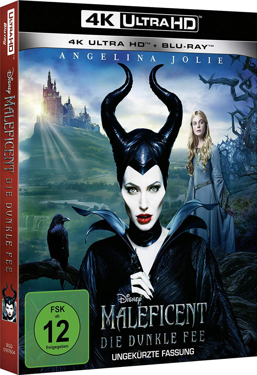 Filmcover mit Maleficent und Aurora. Dunkler Hintergrund mit einer Burg.