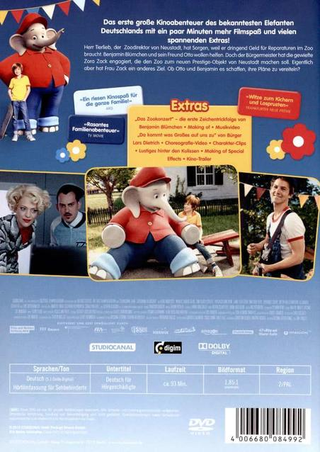 DVD-Cover: ein animierter Elefant, Personen und Filmdetails mit blauem Hintergrund.