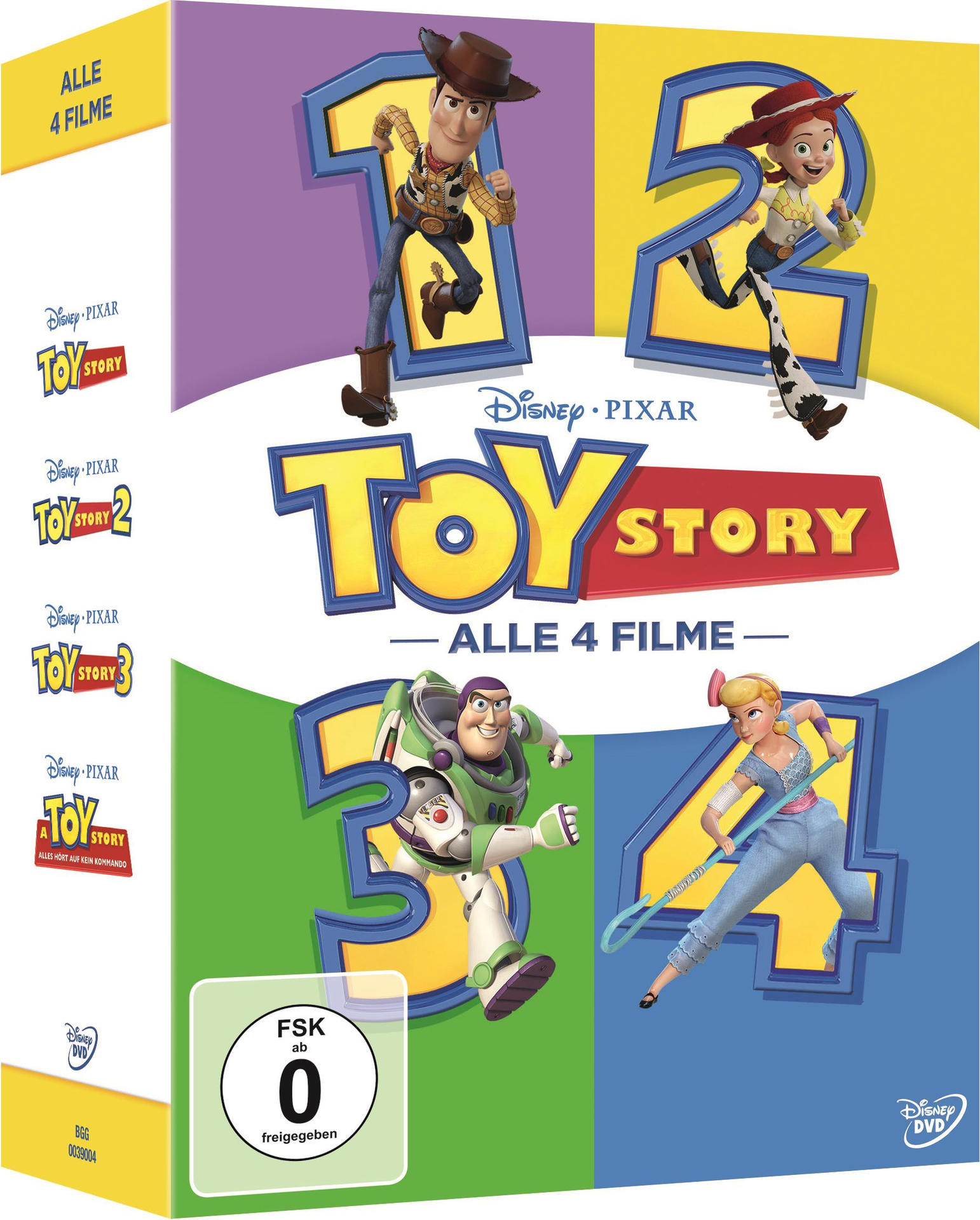 DVD-Box-Set der 'Toy Story'-Filme. Enthält Woody, Buzz, Jessie und andere Charaktere. Farbenfrohes Design.