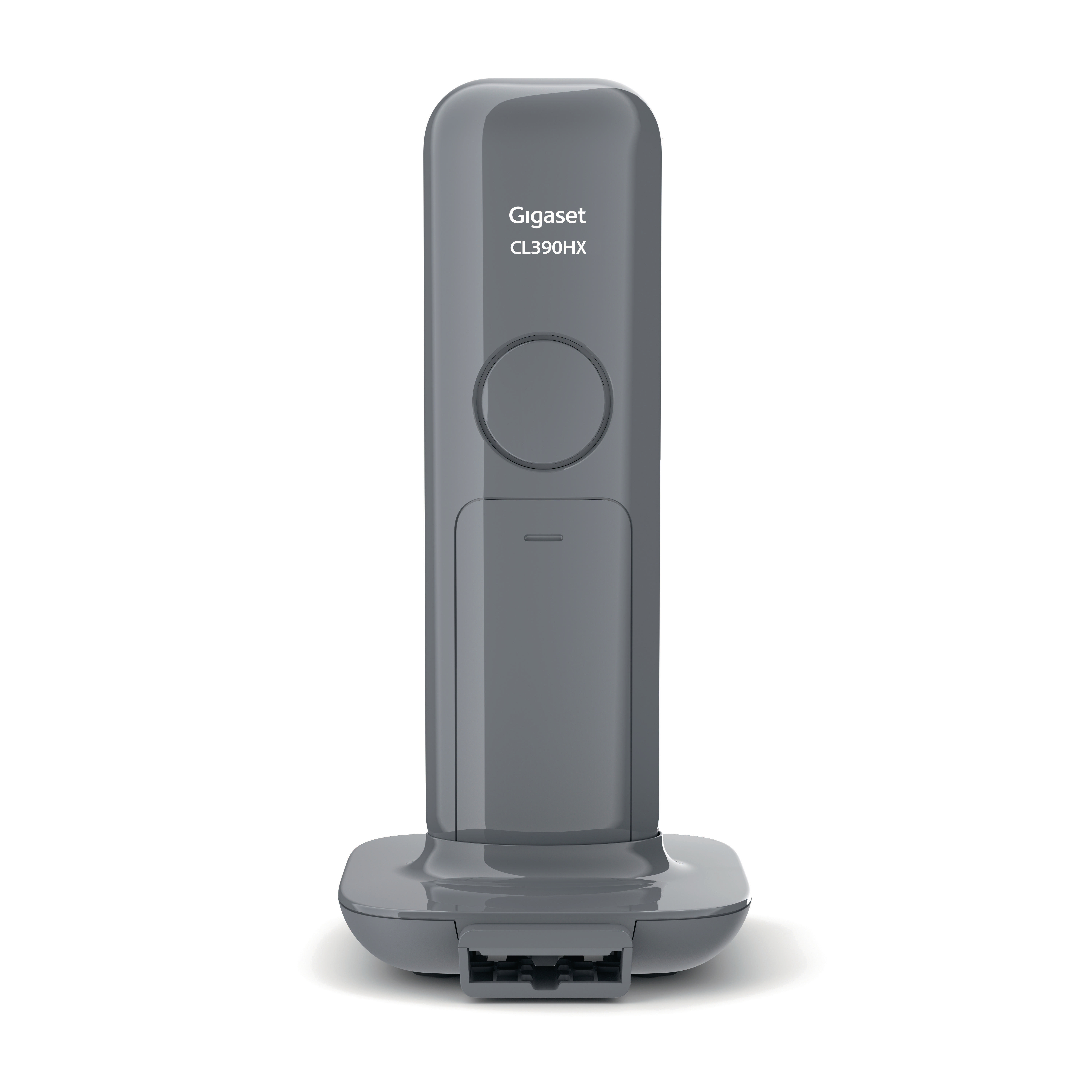 Graues schnurloses Telefon Gigaset CL390HX auf seiner Basis, isoliert auf Weiß.