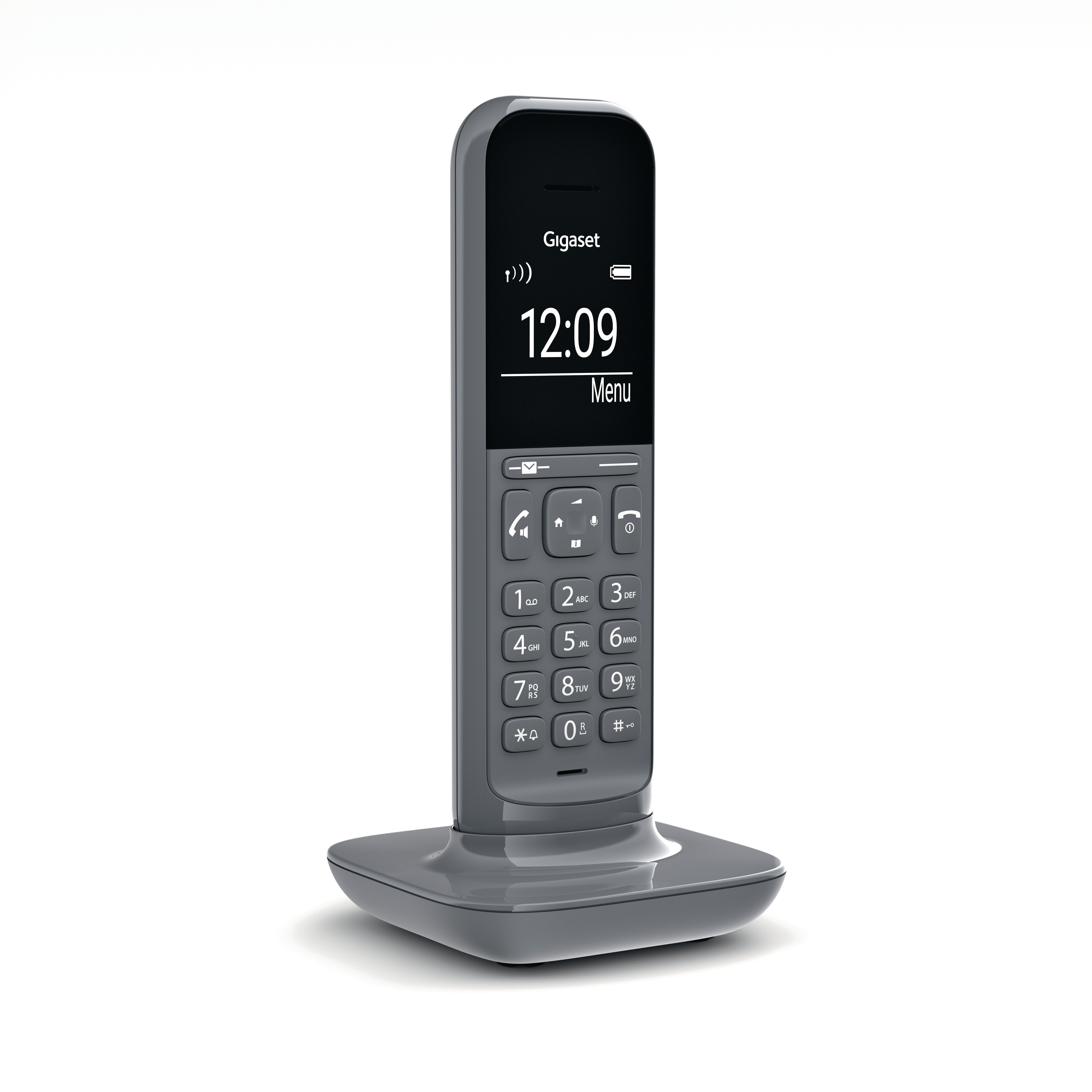 Ein graues schnurloses Telefon mit Bildschirm und Ladestation. Weißer Hintergrund.