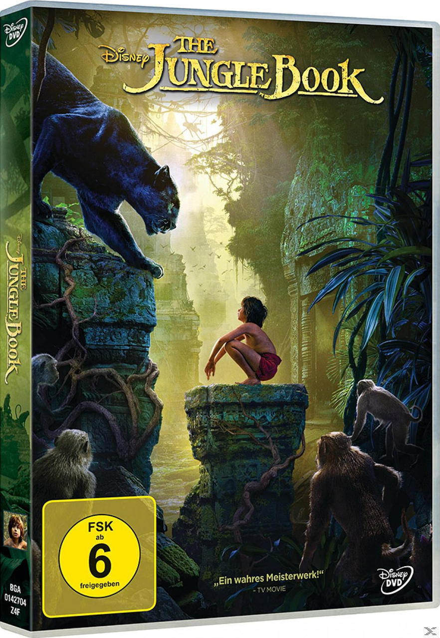 DVD-Cover von The Jungle Book. Ein Panther, Affen und ein Junge sind auf dem Cover.