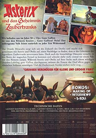 DVD-Rückseite von Asterix und das Geheimnis des Zaubertranks. Zeigt verschiedene Charaktere und einen Trank.