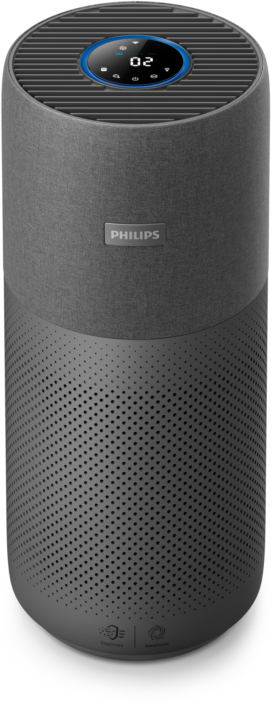 Een donkergrijze cilindrische luchtreiniger met digitaal display en het Philips-logo. Het onderste deel heeft veel kleine gaatjes.