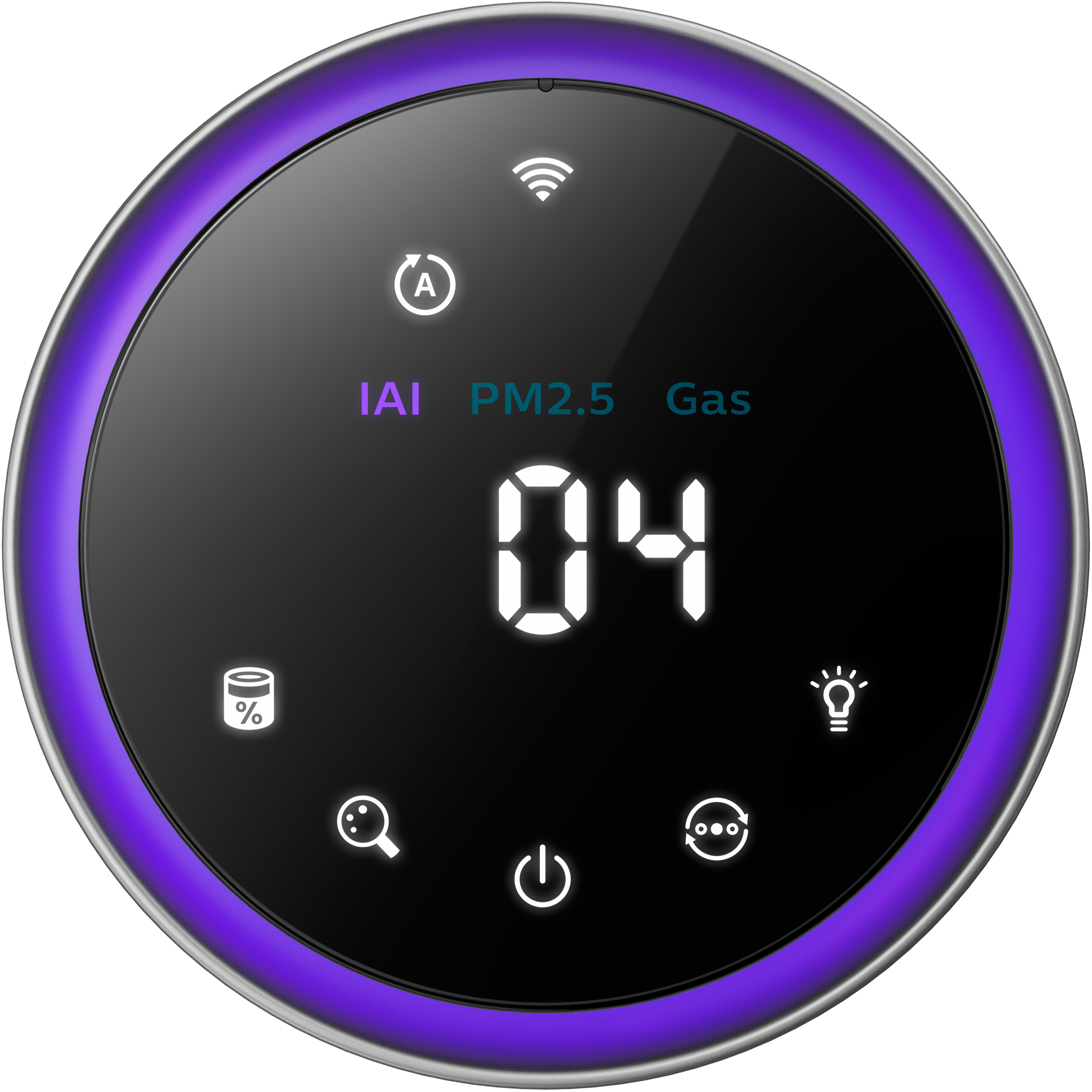 Rond display met 04, IAI, PM2.5 en Gas labels. Verschillende iconen: Wi-Fi, stroom, gloeilamp, binnen een paarse ring.