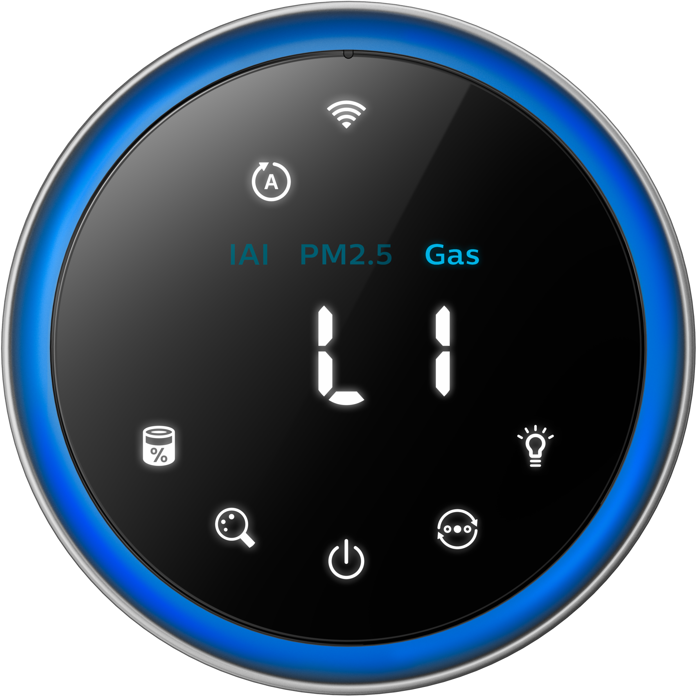 Een rond apparaat met blauwe rand toont 'L1' en pictogrammen. Inclusief wifi, stroom en instellingen. Toont 'IAI', 'PM2.5', 'Gas'.