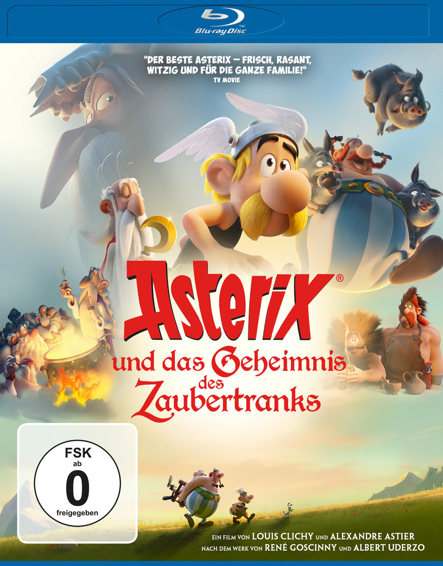 Asterix DVD-Cover: Figuren im Cartoon-Stil, Titel 'Asterix und das Geheimnis des Zaubertranks'.
