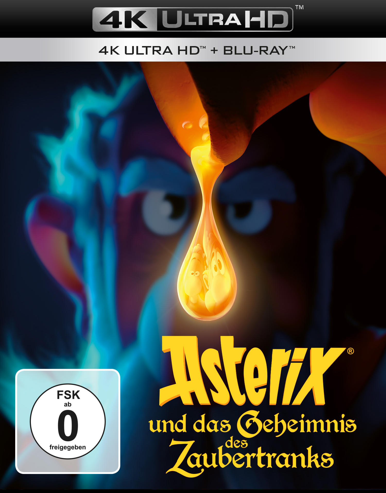 DVD-Cover: Asterix und das Geheimnis des Zaubertranks. Animiertes Bild, orangefarbene Magie, blauer Hintergrund.