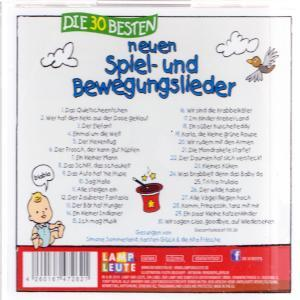 CD-Cover. Blauer Hintergrund. Titel: Die 30 Besten Neuen Spiel- und Bewegungslieder. Kinderillustration.