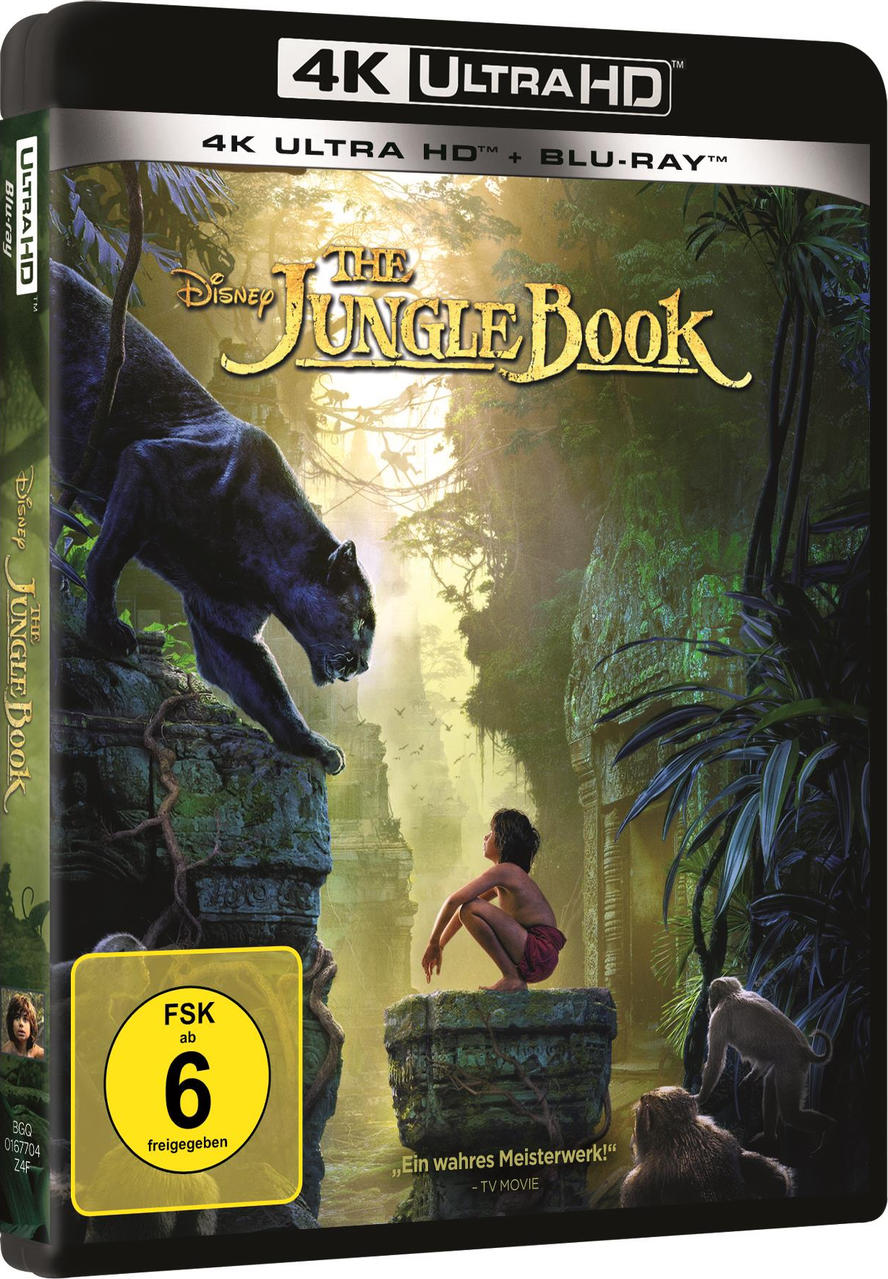 Filmcover von The Jungle Book. Zeigt einen Panther und einen Jungen, mit Text und Blättern.