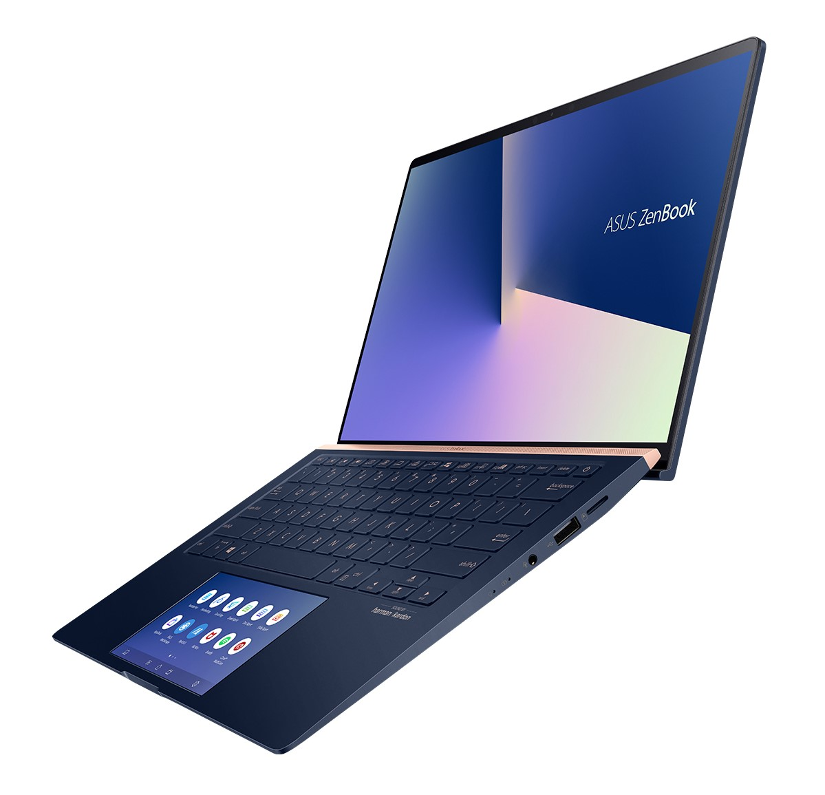 Una computadora portátil ASUS Zenbook, abierta y en ángulo, que muestra la pantalla y el teclado.