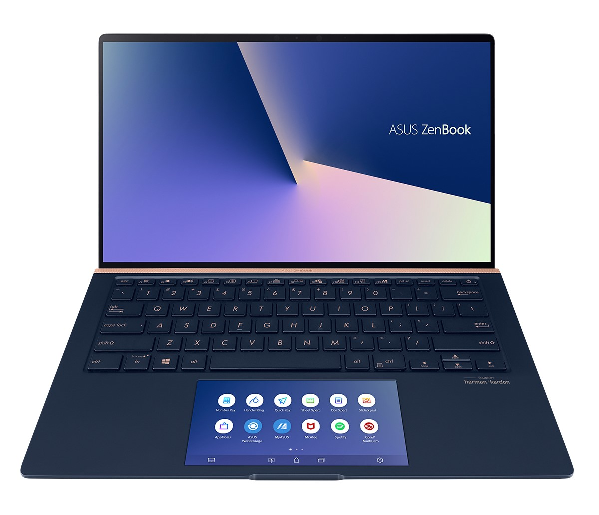 Ordenador portátil abierto con pantalla azul y teclado.