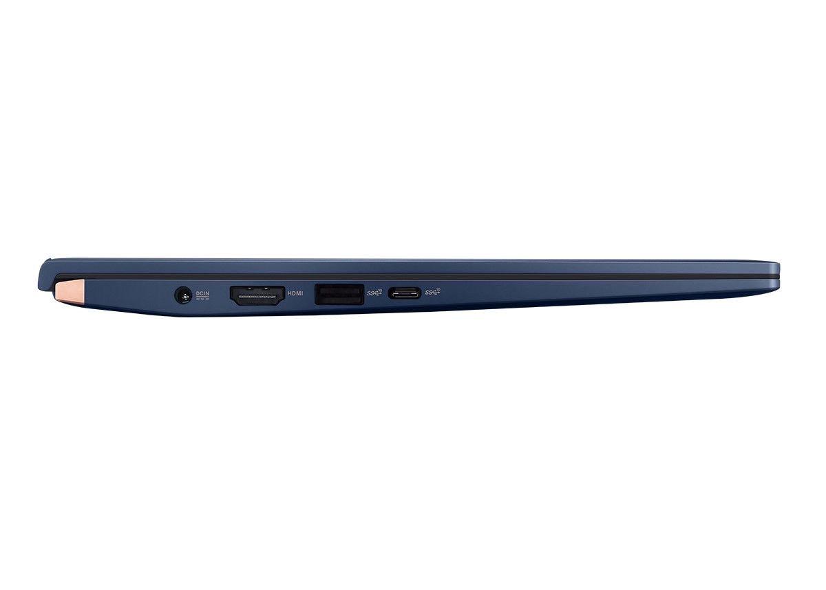 Perfil lateral de un portátil azul y delgado, que muestra los puertos. Los puertos incluyen carga, HDMI, USB y USB-C.