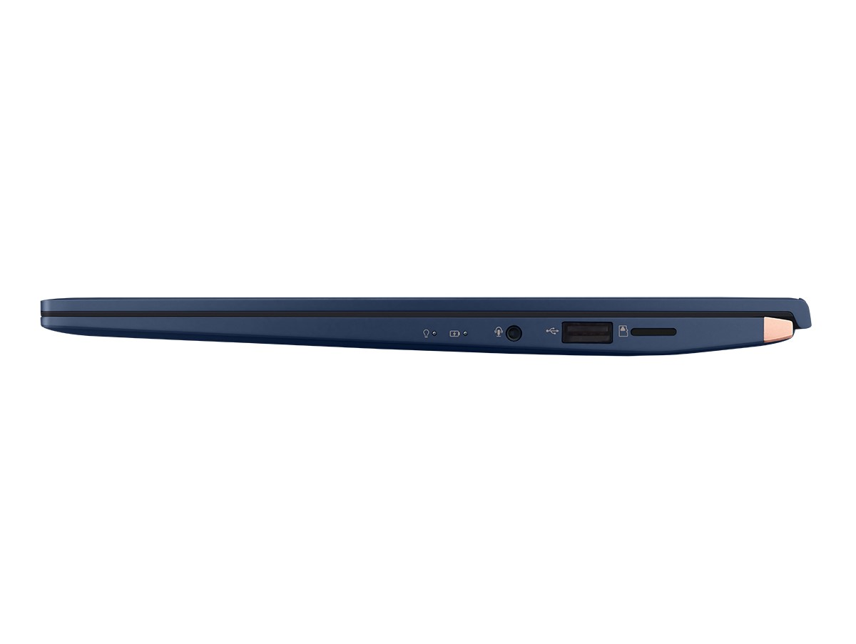 La vista lateral de una computadora portátil ASUS Zenbook, que muestra los puertos y el perfil lateral.