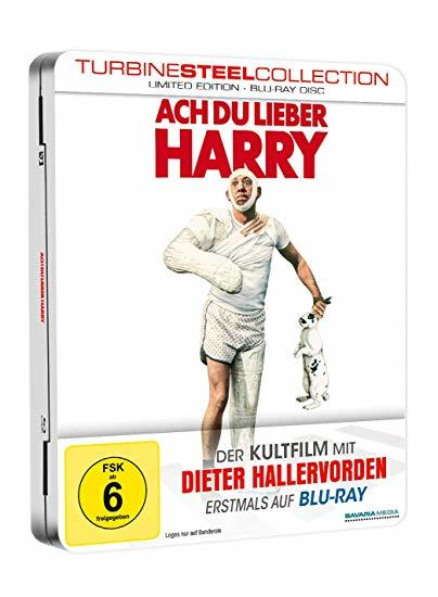 Eine Blu-ray-Hülle mit einem Mann mit Verband und einem Hund mit Leine.