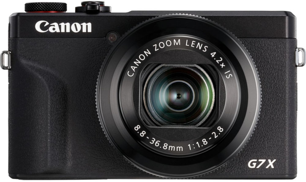 Zwarte Canon G7X camera met zoomlens en Canon zoomlens tekst.