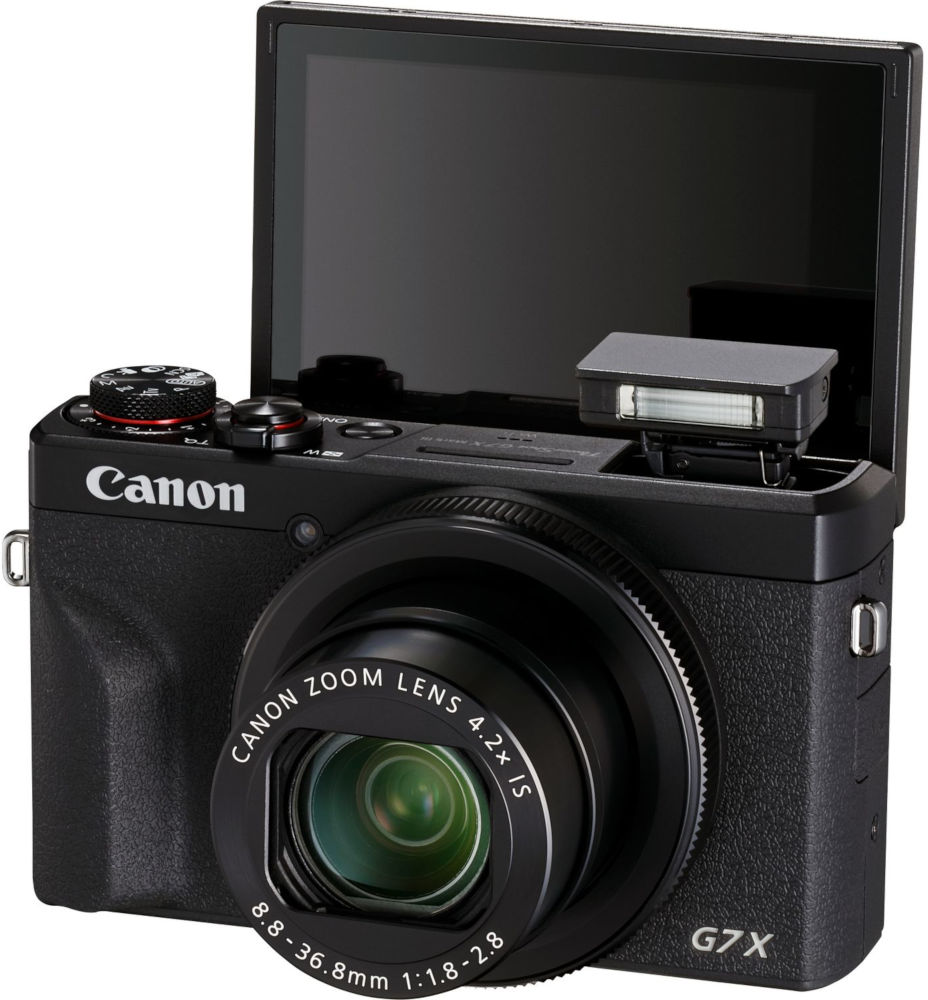 Canon G7 X Mark III-camera met het scherm omhoog geklapt en flitser uit.