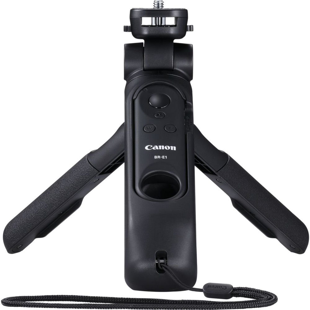 Een zwarte Canon BR-E1 afstandsbediening met uitgeschoven poten, omhoog gekanteld. Het is een statief.